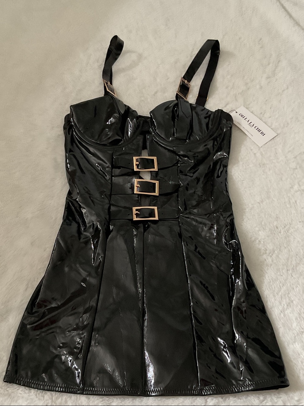 OH LA LA CHERI Black Patent Buckle fitted vinyl babydoll black size Small
